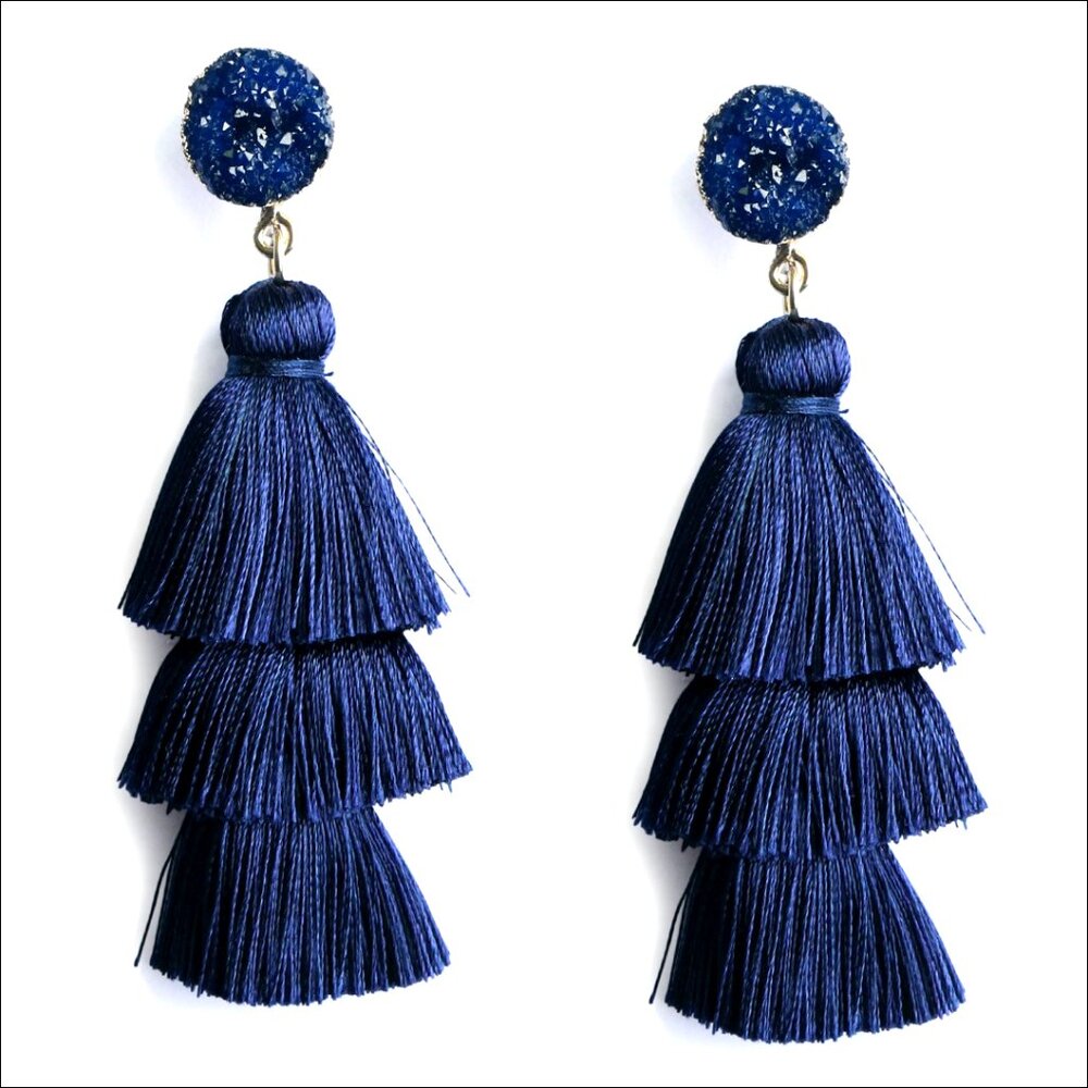 Layered Tassel Dangle Drop Earrings with Druzy Studs